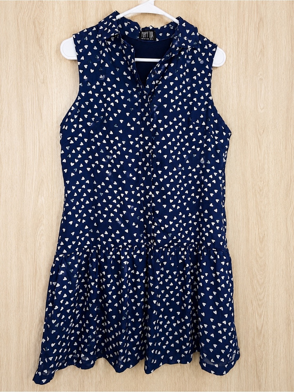 Poppy Lux Blue White Heart Print Sleeveless Collared Dress | Size 6